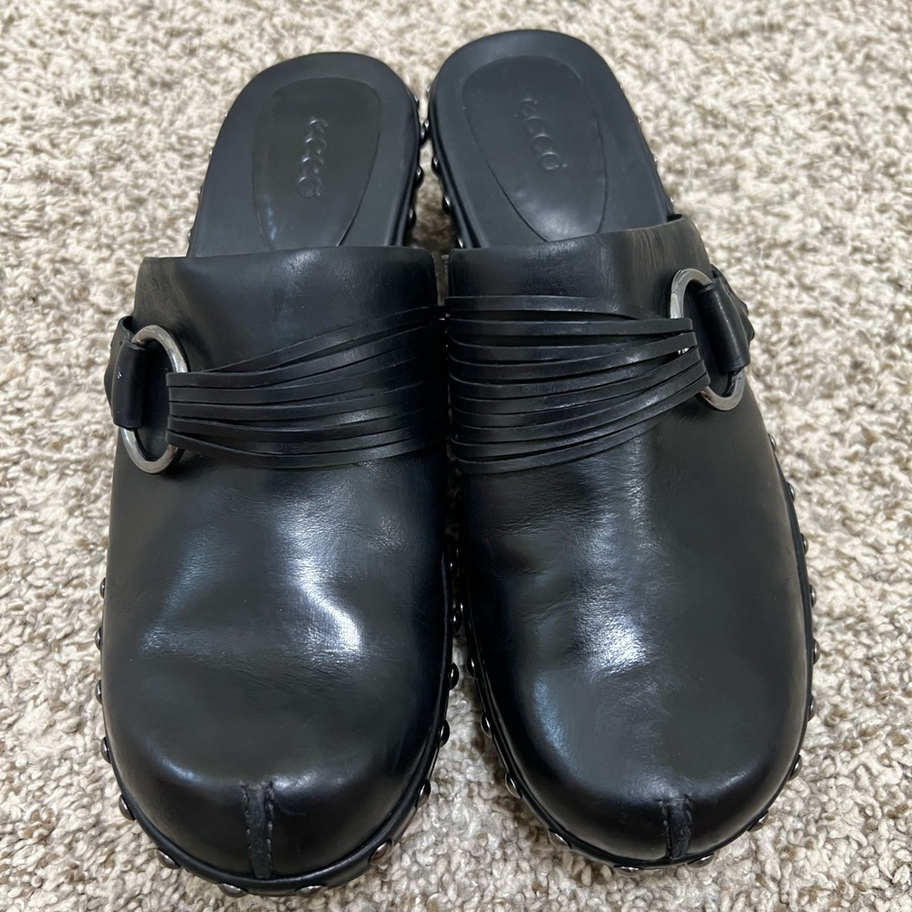 ECCO Black Leather Studded Slip On Chunky Clogs